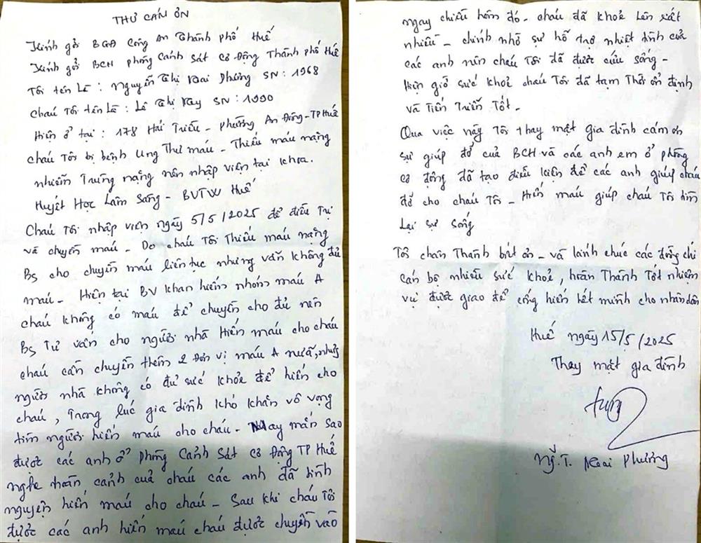 Người dân gửi thư càm ơn Ban Giám đốc và Phòng Cảnh sát cơ động Công an thành phố Huế.