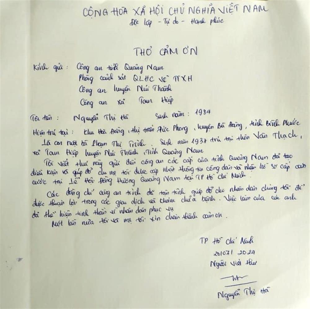 Thư cảm ơn của người dân gửi cán bộ, chiến sĩ Tổ công tác của Công an tỉnh Quảng Nam.