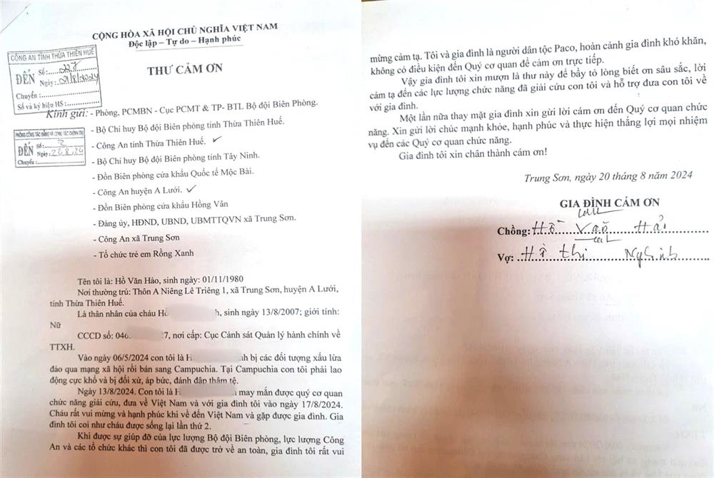 Thư cảm ơn của ông Hồ Văn Hảo gửi đến Công an tỉnh Thừa Thiên Huế và các đơn vị chức năng.