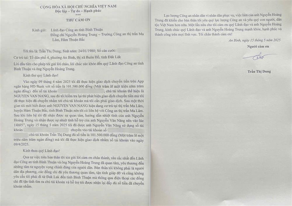 Thư cảm ơn của bà Trần Thị Dung gửi đến lãnh đạo Công an tỉnh Bình Thuận và Thiếu tá Nguyễn Hoàng Trung.