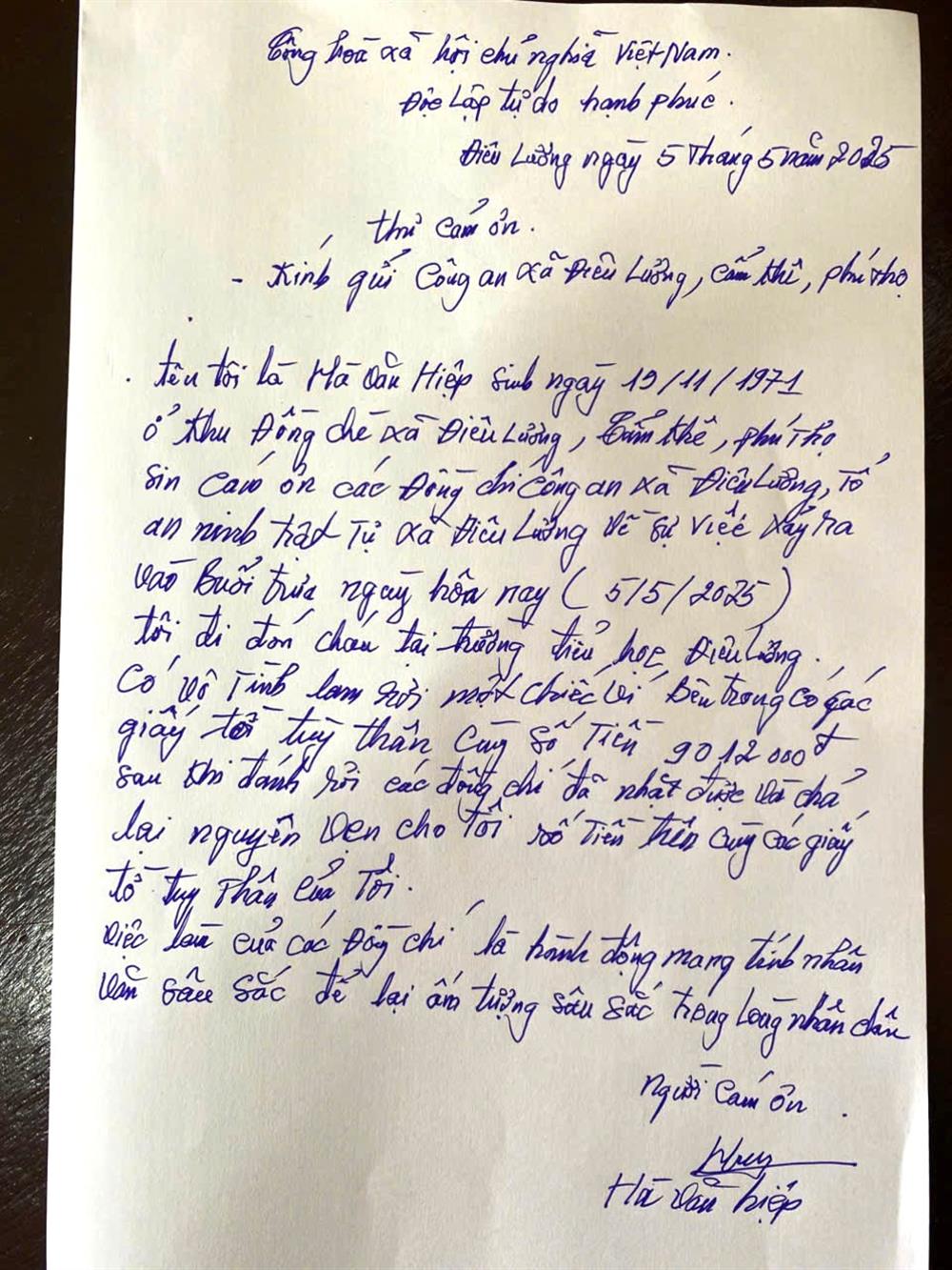 Anh Hà Văn Hiệp gửi thư cảm ơn lực lượng Công an xã Điêu Lương.