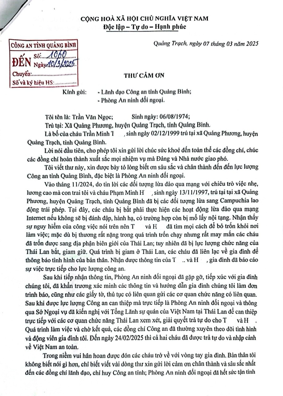 Thư cảm ơn của ông Trần Văn Ngọc gửi Công an tỉnh Quảng Bình.