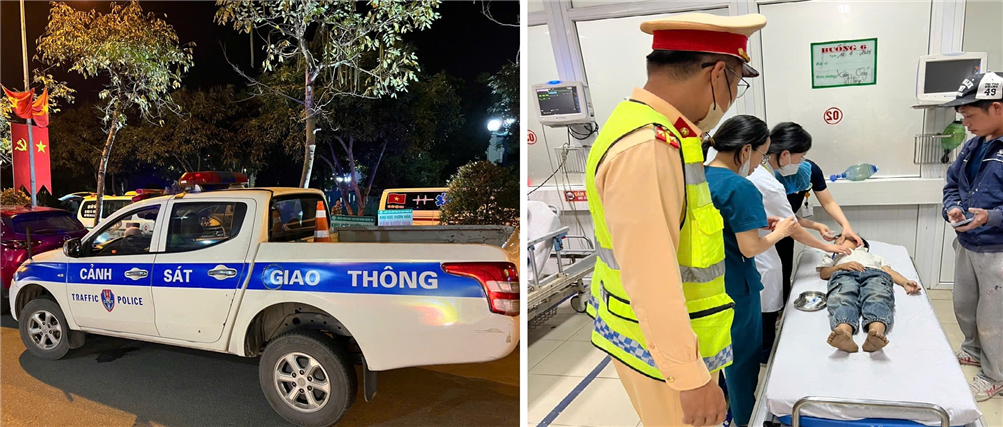 Cảnh sát giao thông Nghệ An sử dụng xe chuyên dụng hỗ trợ gia đình đưa cháu bé đến bệnh viện cấp cứu