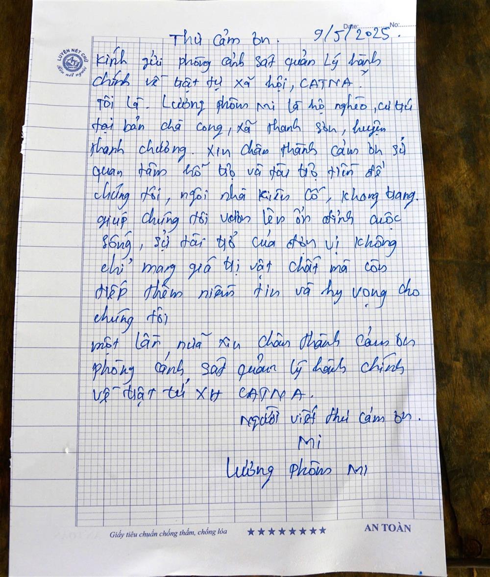 Lá thư của Lương Phôm Mi gửi lời cảm ơn sâu sắc đến đơn vị hỗ trợ.