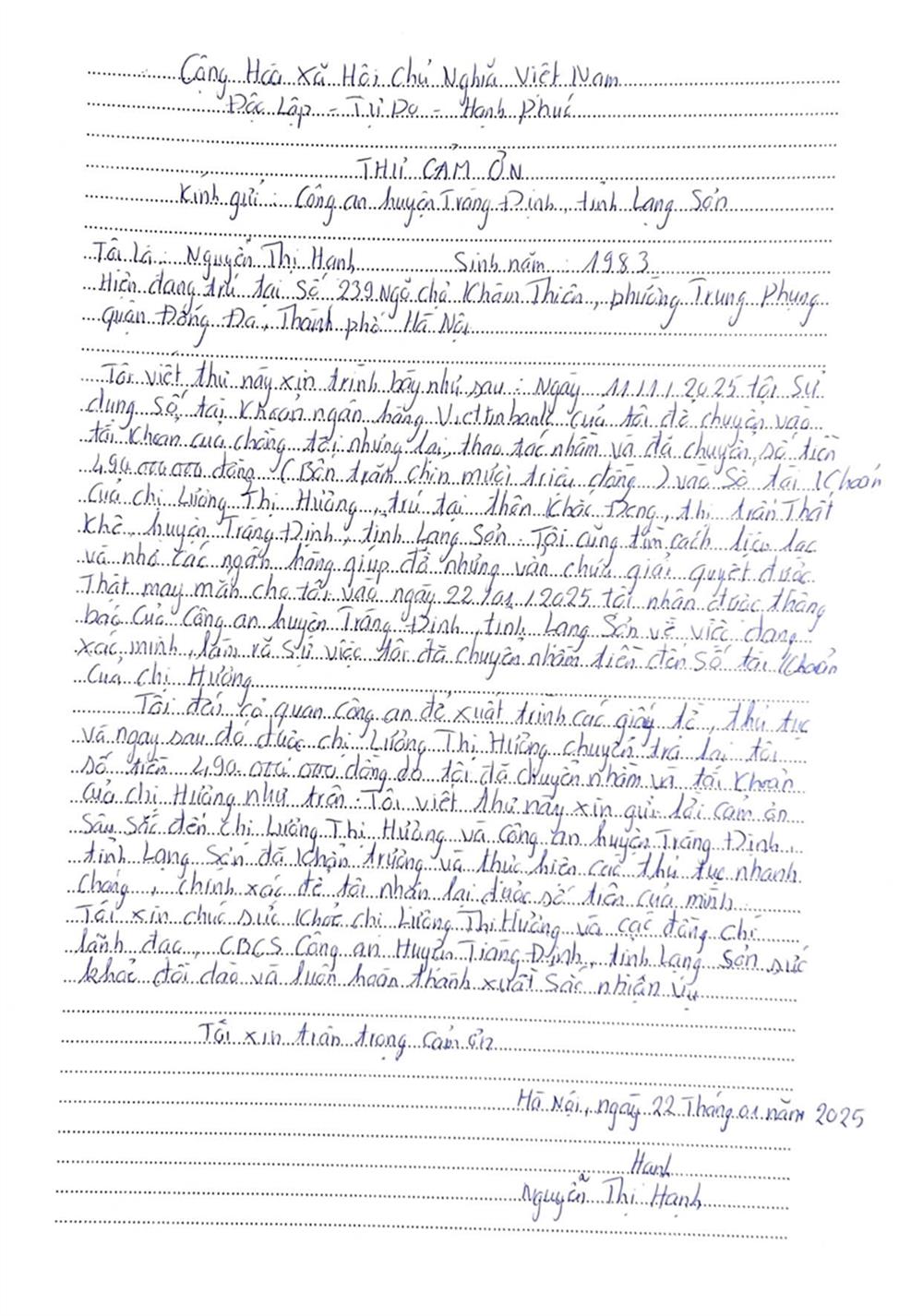 Lá thư cảm ơn của chị Nguyễn Thị Hạnh gửi đến Công an huyện Tràng Định.