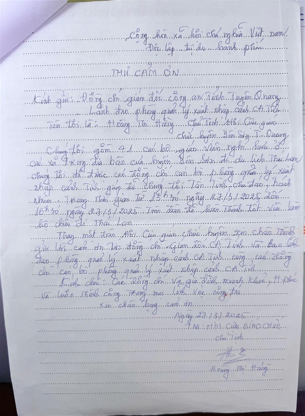 Thư cảm ơn của Hội Cựu giáo chức huyện Yên Sơn gửi Công an tỉnh Tuyên Quang.