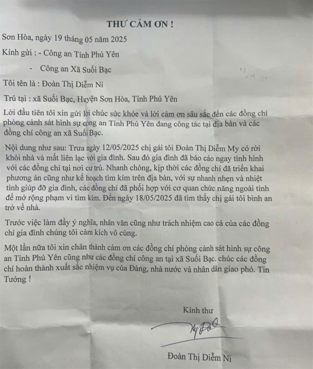 Thư cảm ơn từ chị Đoàn Thị Diễm Ni.