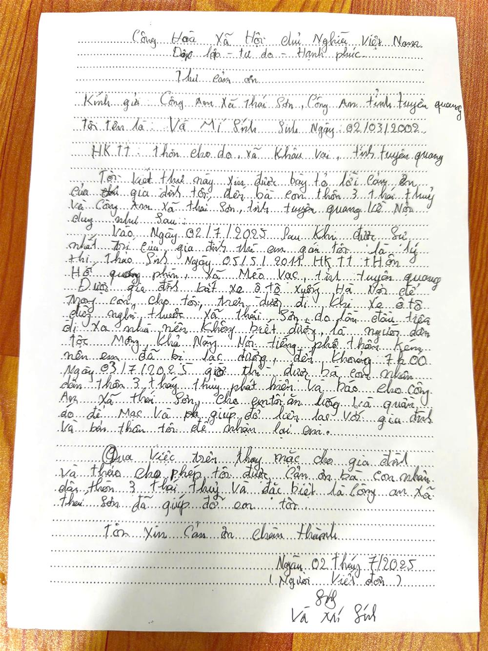 . Gia đình cháu Thảo viết thư cảm ơn Công an xã Thái Sơn và Nhân dân Thôn 3 Thái Thuỷ, xã Thái Sơn.