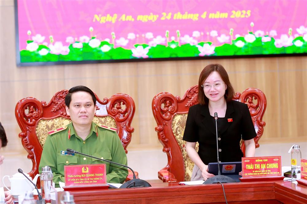 Đồng chí Thái Thị An Chung, Phó Trưởng Đoàn ĐBQH tỉnh phát biểu tại Hội thảo