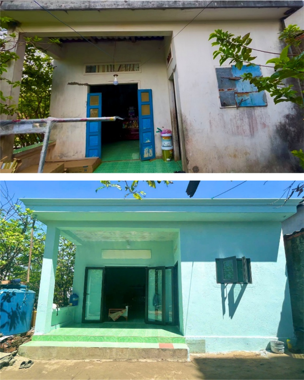 Ngôi nhà bà Võ Thị Đầy trước và sau khi sửa chữa.