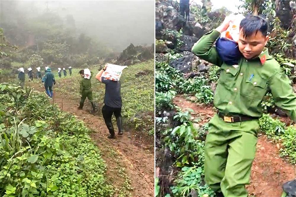 CBCS Công an gùi gạch, sử dụng xe rùa chở vật liệu xây dựng vượt rừng, núi để sửa chữa nhà tạm cho bà con.